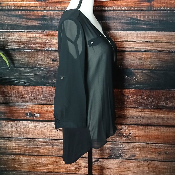 NWT Takara Tunic Top S Black Sheer 3/4 Sleeve Roll Tab Cuffs Hi Low - Picture 7 of 10